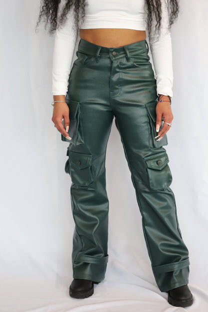 Flare Leg Faux Leather Cargo Pants