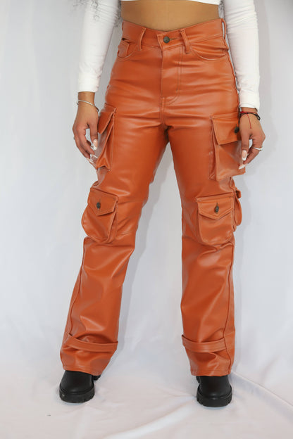 Flare Leg Faux Leather Cargo Pants