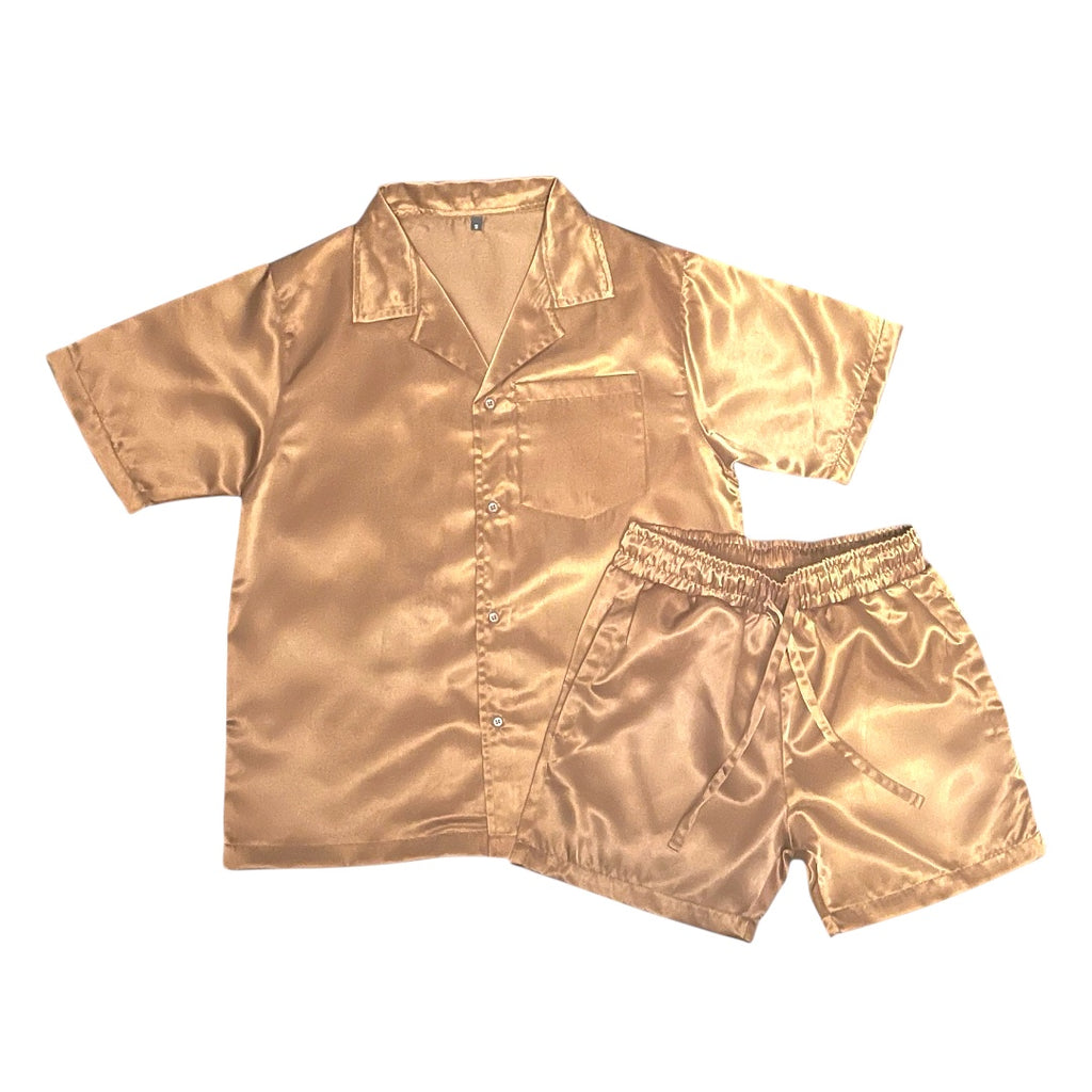Mens Washable Silk-Satin Button up Short Set