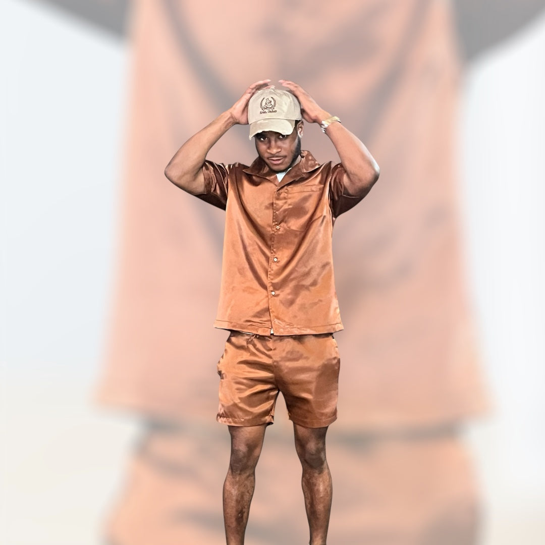 Mens Washable Silk-Satin Button up Short Set